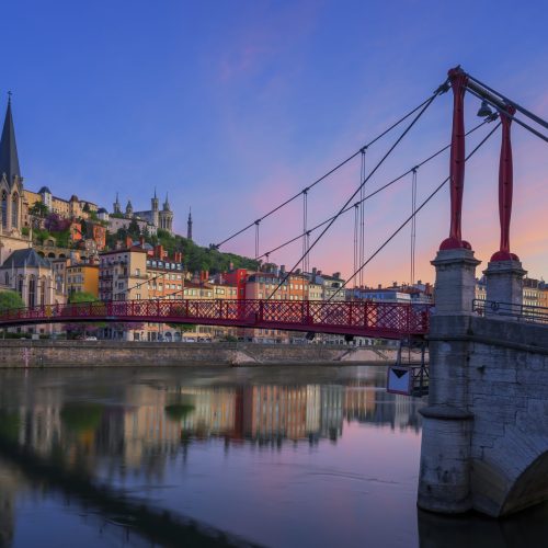 Accueil famous red footbridge in the morning, lyon